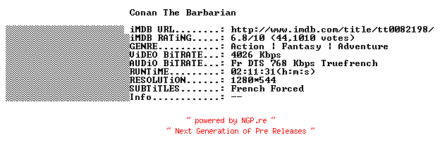 NFO for the release Conan.The.Barbarian.1982.FRENCH.720p.BluRay.x264-THENiGHTMAREiNHD by THENiGHTMAREiNHD