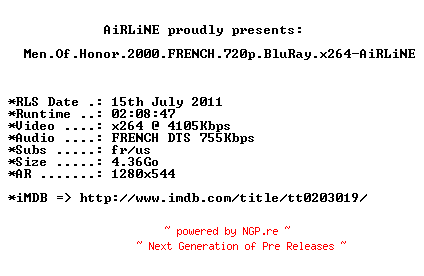 NFO for the release Men.Of.Honor.2000.FRENCH.720p.BluRay.x264-AiRLiNE by AiRLiNE