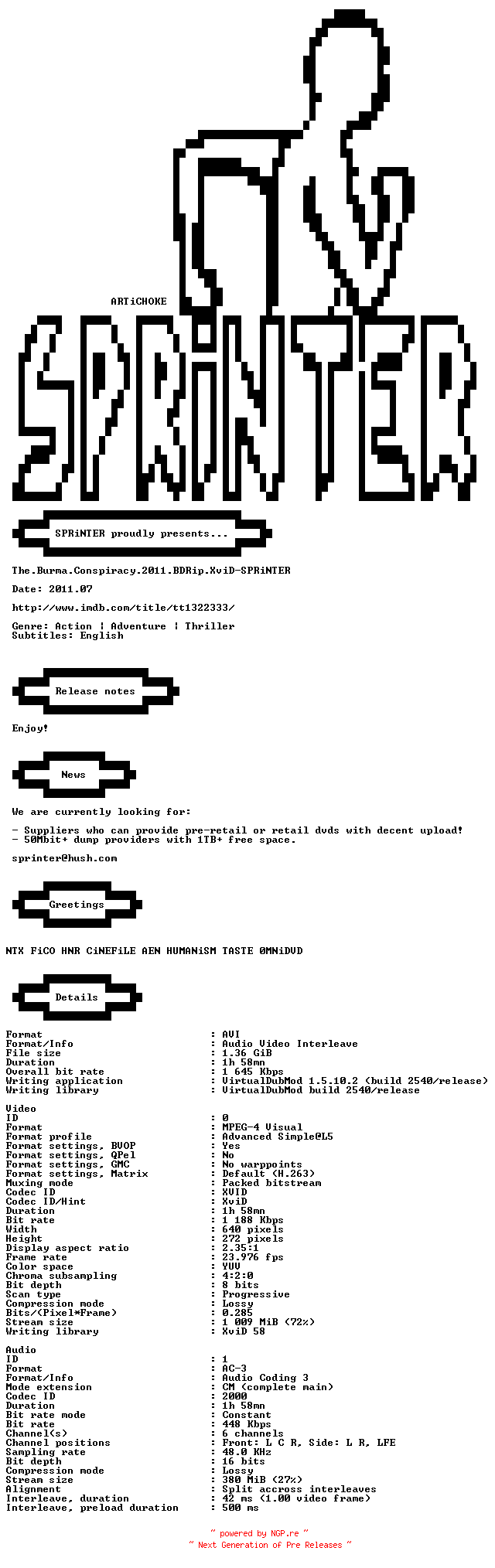 NFO for the release The.Burma.Conspiracy.2011.BDRip.XviD-SPRiNTER by SPRiNTER