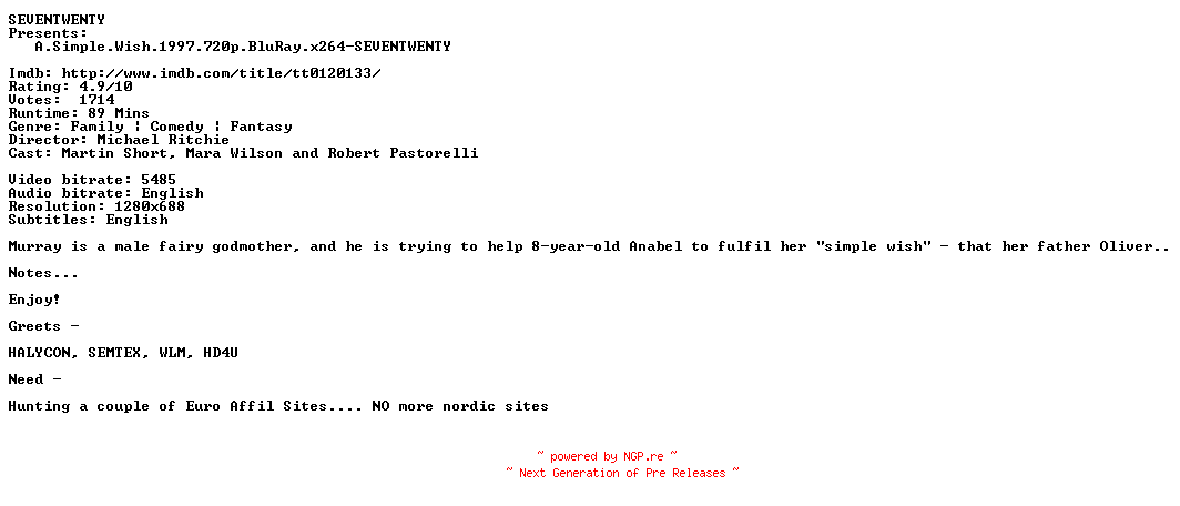 NFO for the release A.Simple.Wish.1997.720p.BluRay.x264-SEVENTWENTY by SEVENTWENTY