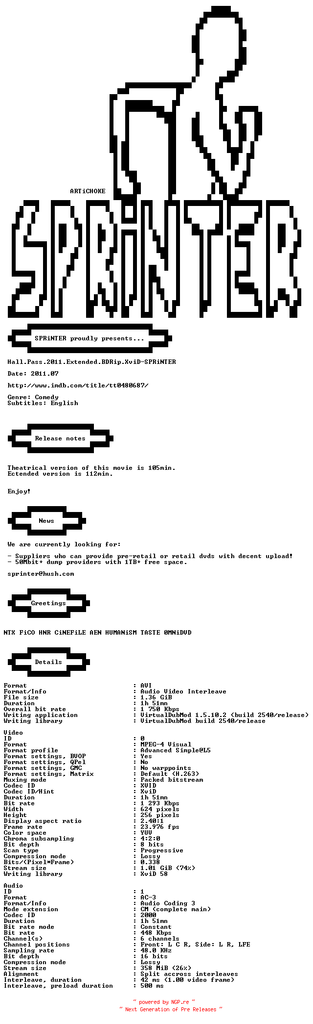 NFO for the release Hall.Pass.2011.Extended.BDRip.XviD-SPRiNTER by SPRiNTER