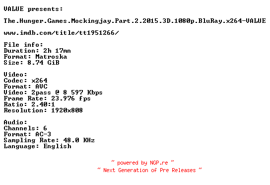 NFO for the release The.Hunger.Games.Mockingjay.Part.2.2015.3D.720p.BluRay.x264-VALUE by VALUE
