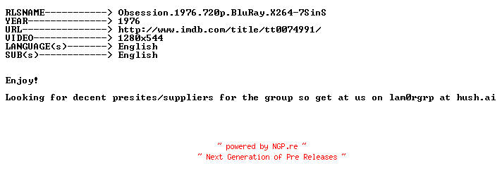 NFO for the release Obsession.1976.720p.BluRay.X264-7SinS by 7SinS