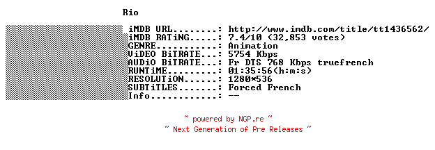 NFO for the release Rio.FRENCH.720p.BluRay.x264-THENiGHTMAREiNHD by THENiGHTMAREiNHD