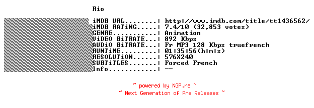 NFO for the release Rio.FRENCH.BDRiP.XViD-THENiGHTMARE by THENiGHTMARE