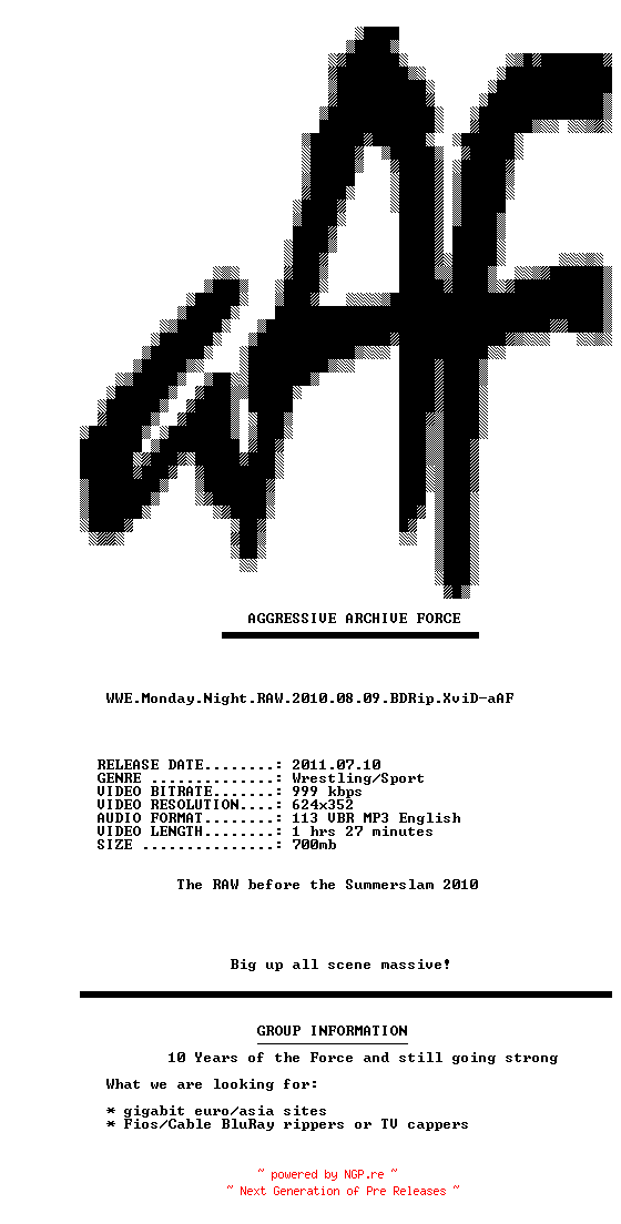 NFO for the release WWE.Monday.Night.RAW.2010.08.09.BDRip.XviD-aAF by aAF