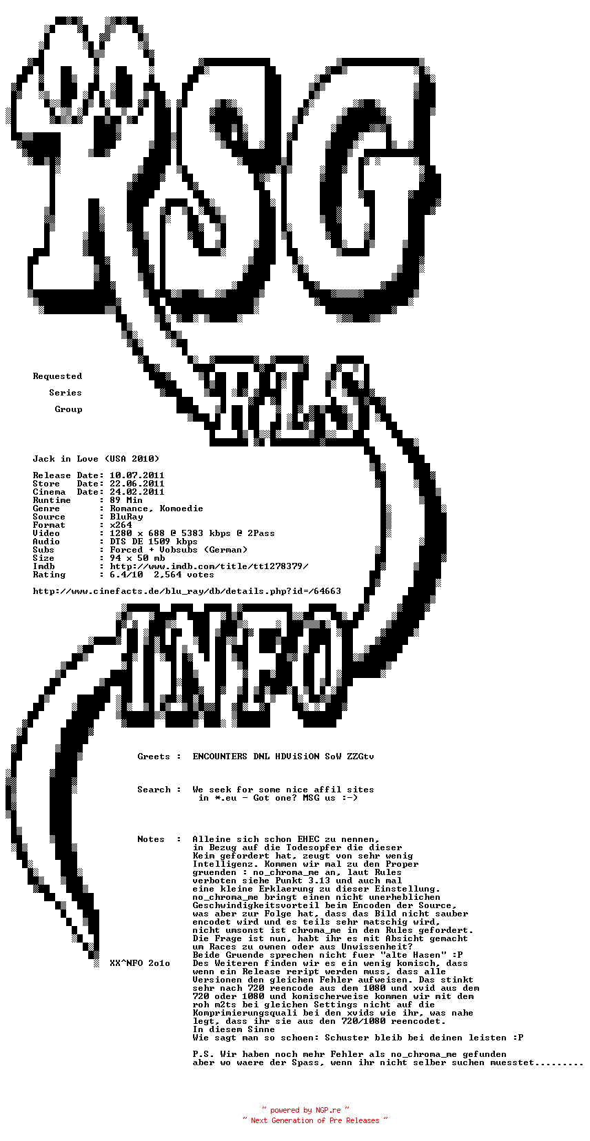 NFO for the release Jack.in.Love.German.720p.BluRay.x264.PROPER-RSG by RSG
