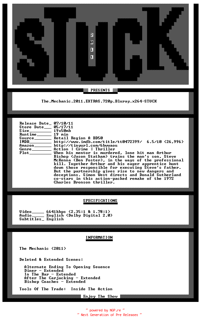 NFO for the release The.Mechanic.2011.EXTRAS.720p.Bluray.x264-STUCK by STUCK