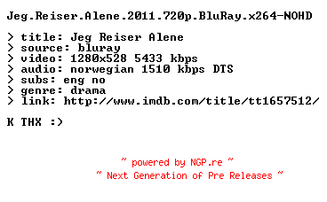 NFO for the release Jeg.Reiser.Alene.2011.720p.BluRay.x264-NOHD by NOHD