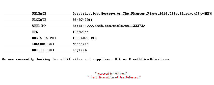 NFO for the release Detective.Dee.Mystery.Of.The.Phantom.Flame.2010.720p.Bluray.x264-METH by METH