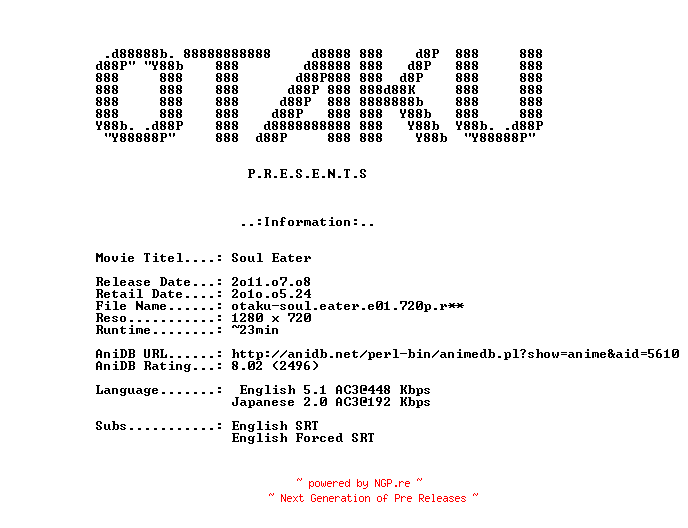 NFO for the release Soul.Eater.E01.Resonance.of.the.Soul.720p.BluRay.x264-OTAKU by OTAKU