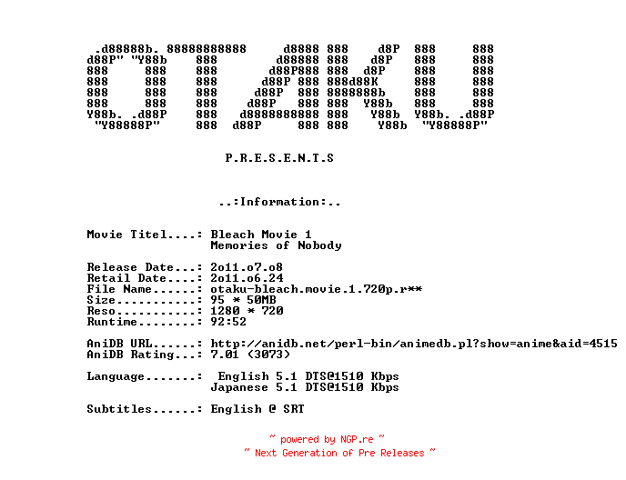 NFO for the release Bleach.1.Memories.of.Nobody.2006.720p.BluRay.x264-OTAKU by OTAKU