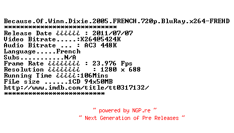NFO for the release Because.Of.Winn.Dixie.2005.FRENCH.720p.BluRay.x264-FREHD by FREHD