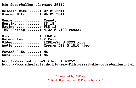 NFO for the release Die.Superbullen.2011.German.720p.BluRay.x264-EHEC by EHEC