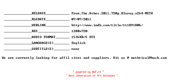 NFO for the release From.The.Ashes.2011.720p.Bluray.x264-METH by METH