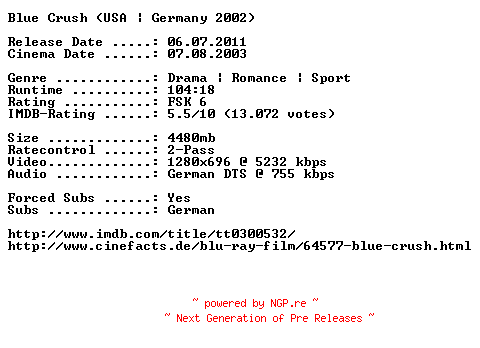 NFO for the release Blue.Crush.2002.German.720p.BluRay.x264-EHEC by EHEC