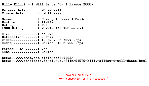 NFO for the release Billy.Elliot.2000.German.720p.BluRay.x264-EHEC by EHEC