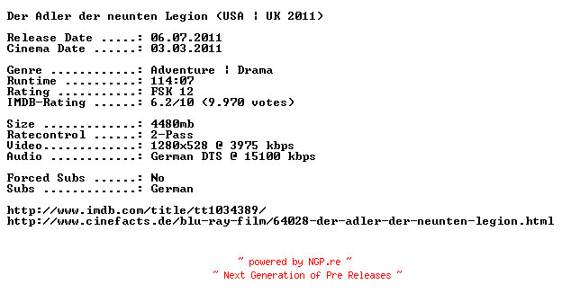 NFO for the release Der.Adler.der.neunten.Legion.2011.German.720p.BluRay.x264-EHEC by EHEC