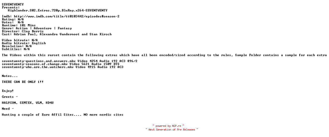NFO for the release Highlander.S02.Extras.720p.BluRay.x264-SEVENTWENTY by SEVENTWENTY