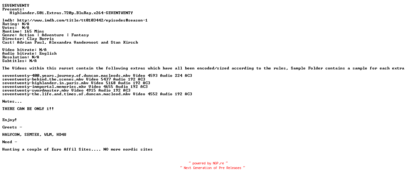 NFO for the release Highlander.S01.Extras.720p.BluRay.x264-SEVENTWENTY by SEVENTWENTY