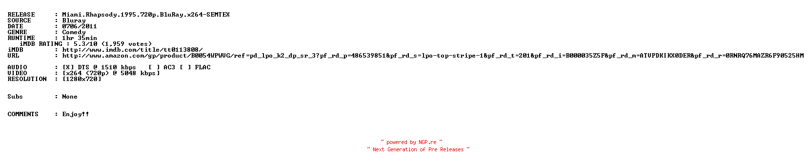 NFO for the release Miami.Rhapsody.1995.720p.BluRay.x264-SEMTEX by SEMTEX