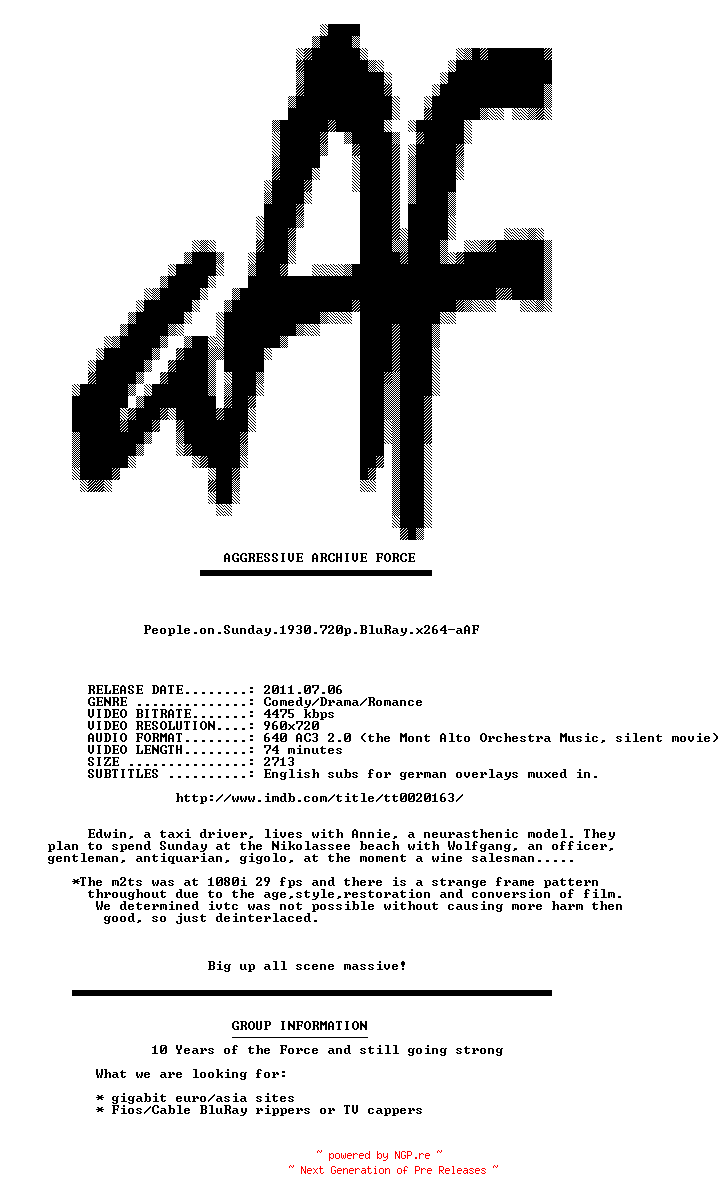 NFO for the release People.on.Sunday.1930.720p.BluRay.x264-aAF by aAF