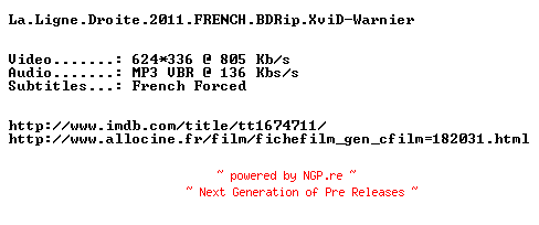 NFO for the release La.Ligne.Droite.2011.FRENCH.BDRip.XviD-Wargnier by Wargnier