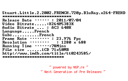 NFO for the release Stuart.Little.2.2002.FRENCH.720p.BluRay.x264-FREHD by FREHD
