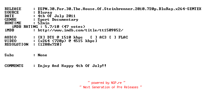 NFO for the release ESPN.30.For.30.The.House.Of.Steinbrenner.2010.720p.BluRay.x264-SEMTEX by SEMTEX