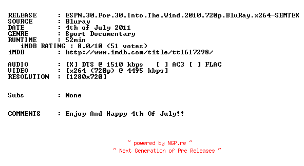 NFO for the release ESPN.30.For.30.Into.The.Wind.2010.720p.BluRay.x264-SEMTEX by SEMTEX
