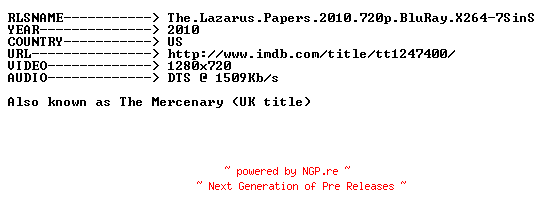 NFO for the release The.Lazarus.Papers.2010.720p.BluRay.X264-7SinS by 7SinS