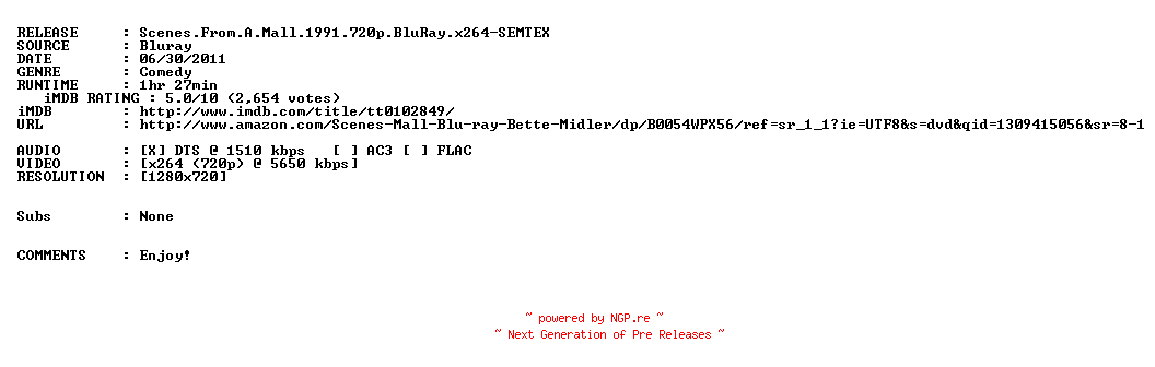 NFO for the release Scenes.From.A.Mall.1991.720p.BluRay.x264-SEMTEX by SEMTEX