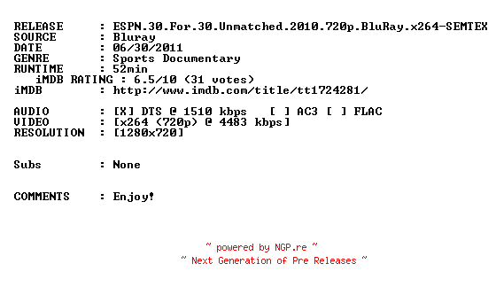 NFO for the release ESPN.30.For.30.Unmatched.2010.720p.BluRay.x264-SEMTEX by SEMTEX