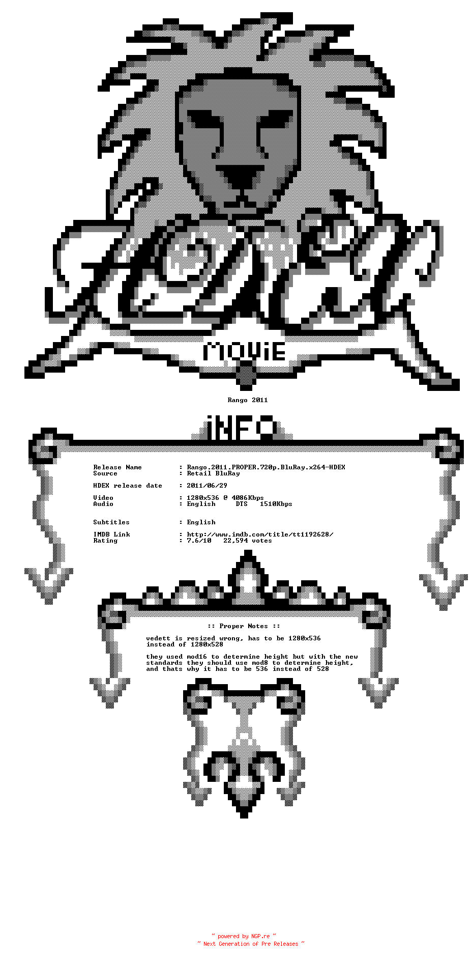 NFO for the release Rango.2011.PROPER.720p.BluRay.x264-HDEX by HDEX