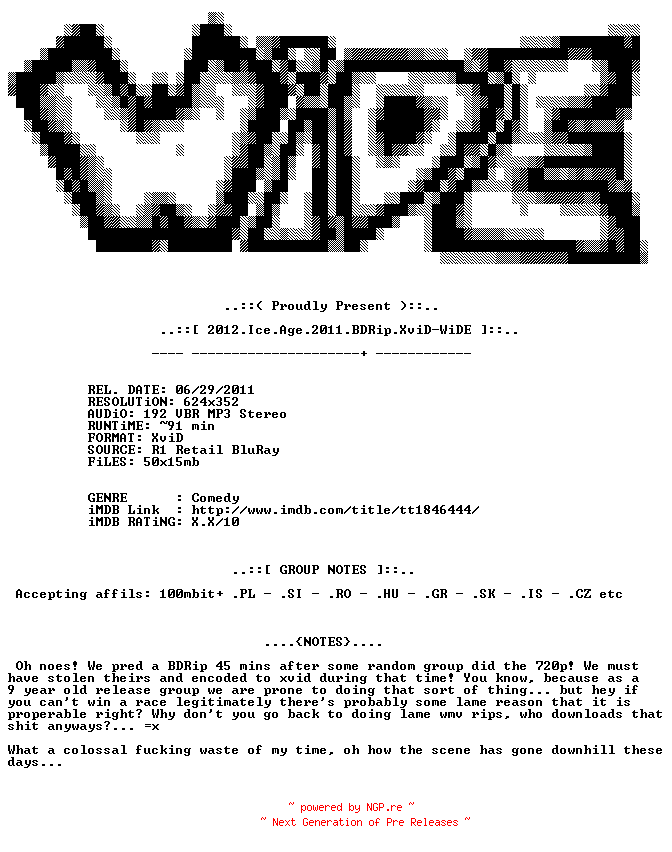 NFO for the release 2012.Ice.Age.2011.BDRip.XviD-WiDE by WiDE