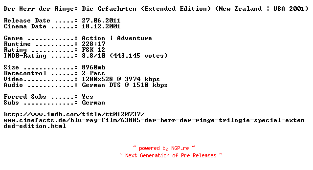 NFO for the release Der.Herr.der.Ringe.Die.Gefaehrten.Extended.Edition.German.2001.720p.BluRay.x264-EHEC by EHEC