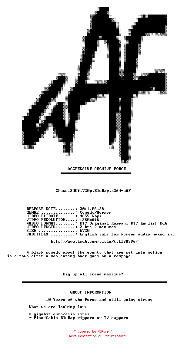 NFO for the release Chawz.2009.720p.BluRay.x264-aAF by aAF