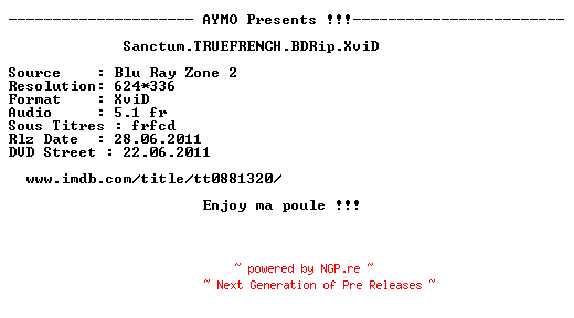 NFO for the release Sanctum.TRUEFRENCH.BDRip.XviD-AYMO by AYMO