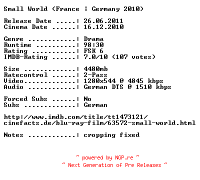 NFO for the release Small.World.2010.German.720p.BluRay.RERiP.x264-EHEC by EHEC