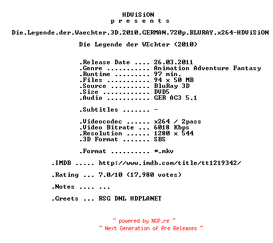 NFO for the release Die.Legende.der.Waechter.3D.2010.GERMAN.720p.BLURAY.x264-HDViSiON by HDViSiON