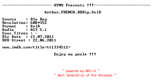 NFO for the release Arthur.FRENCH.BDRip.XviD-AYMO by AYMO