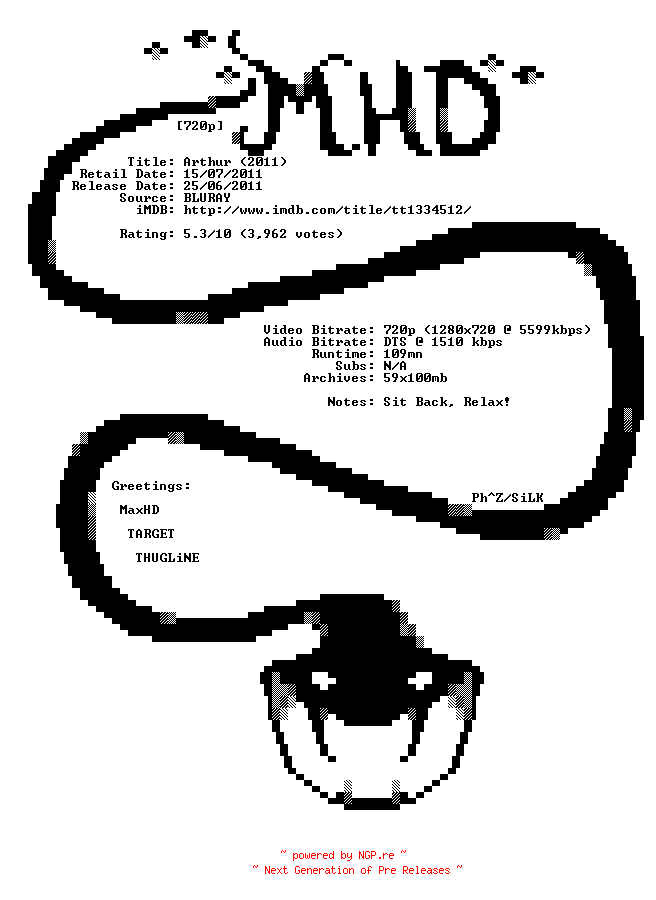 NFO for the release Arthur.2011.720p.Bluray.x264-MHD by MHD