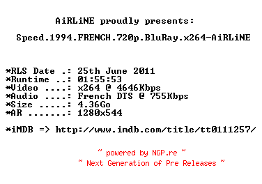 NFO for the release Speed.1994.FRENCH.720p.BluRay.x264-AiRLiNE by AiRLiNE