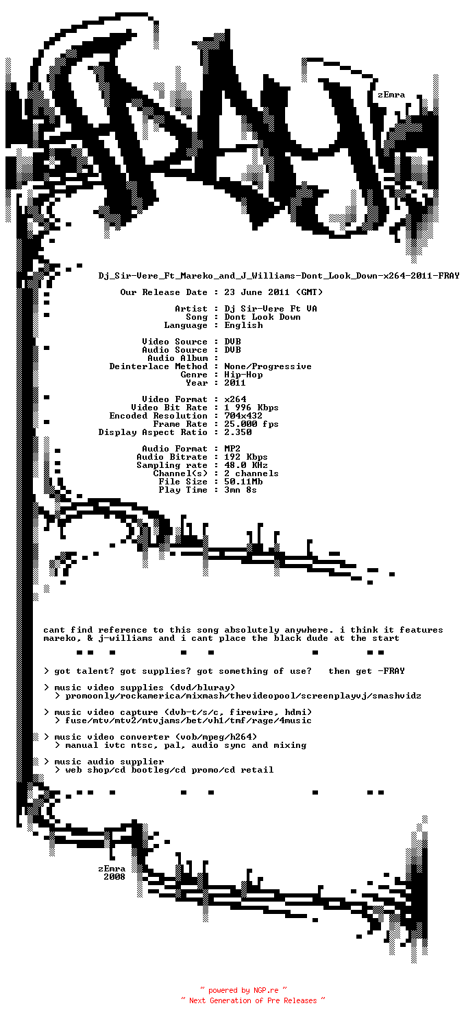 NFO for the release Dj_Sir-Vere_Ft_Mareko_and_J_Williams-Dont_Look_Down-x264-2011-FRAY by FRAY