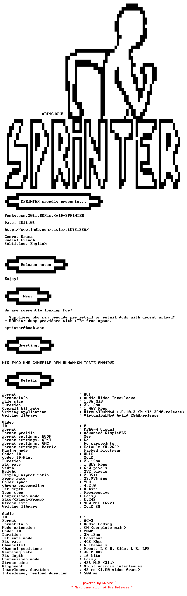 NFO for the release Funkytown.2011.BDRip.XviD-SPRiNTER by SPRiNTER