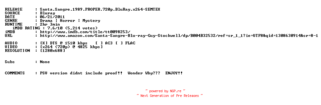 NFO for the release Santa.Sangre.1989.PROPER.720p.BluRay.x264-SEMTEX by SEMTEX
