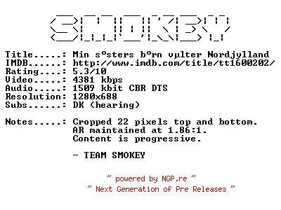 NFO for the release Min.Soesters.Boern.Vaelter.Nordjylland.2010.DANISH.720p.Bluray.x264-SMOKEY by SMOKEY