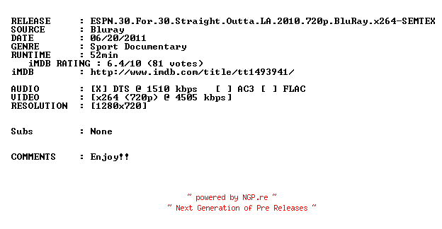 NFO for the release ESPN.30.For.30.Straight.Outta.LA.2010.720p.BluRay.x264-SEMTEX by SEMTEX