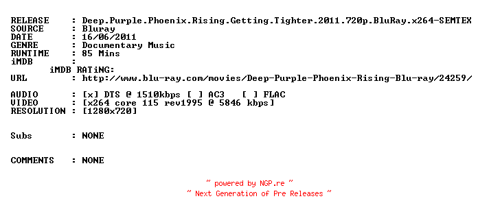 NFO for the release Deep.Purple.Phoenix.Rising.Getting.Tighter.2011.720p.BluRay.x264-SEMTEX by SEMTEX
