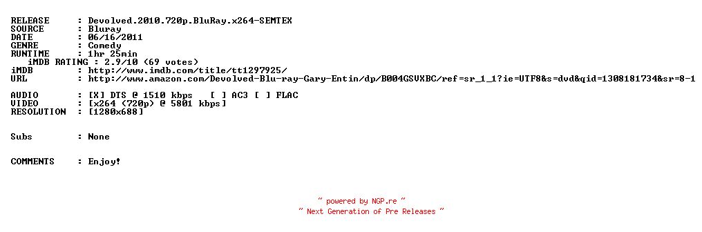 NFO for the release Devolved.2010.720p.BluRay.x264-SEMTEX by SEMTEX